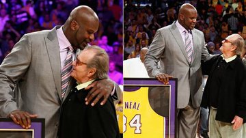Jack Nicholson ganha abraço de homenageado Shaquille O'Neal na quadra dos Lakers - Reuters